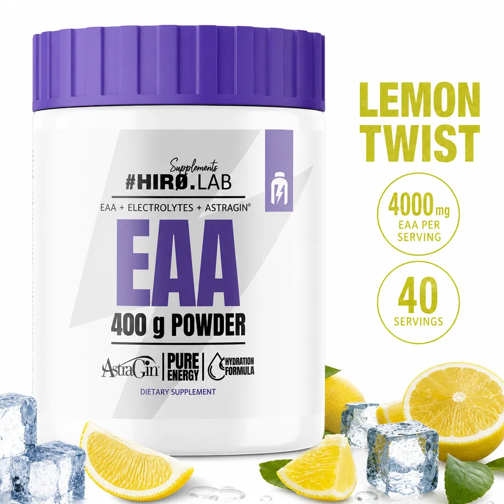 Hiro Lab EAA 400g lemon twist essential amino acid powder with electrolytes and AstraGin®, in a white tub with a purple lid.