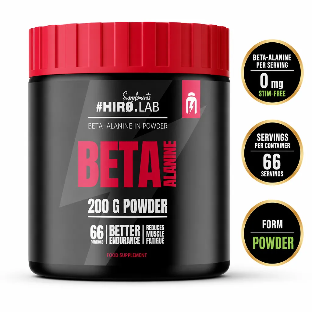 Hiro Lab Beta Alanine 200g powder supplement in a black container with a red lid