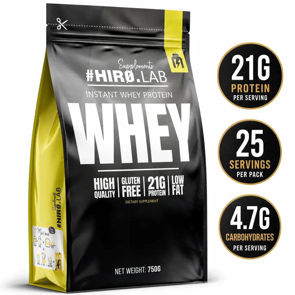 Hiro Lab Instant Whey Protein 750g dietary supplement in a black and yellow pouch, with 21g protein per serving