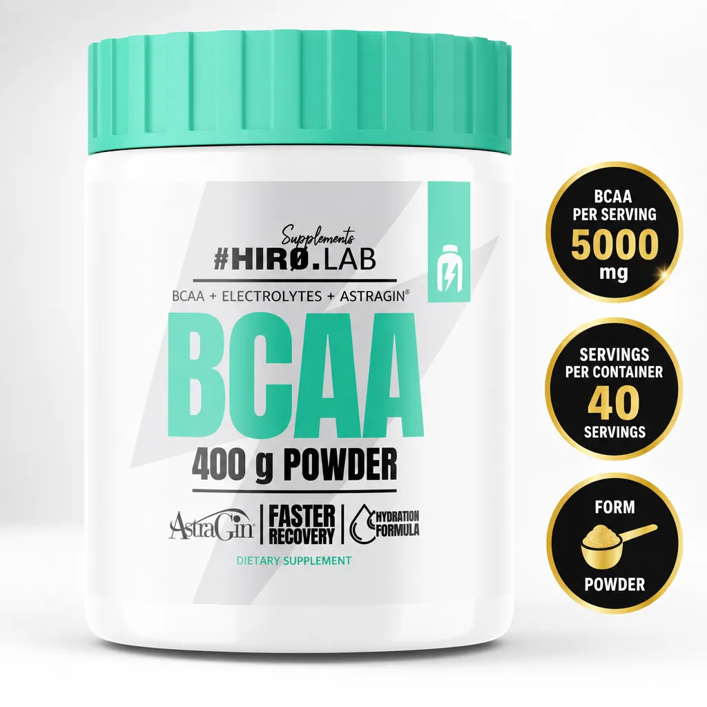 Hiro Lab BCAA Powder Instant 400g dietary supplement in powder form with BCAA, electrolytes and AstraGin®