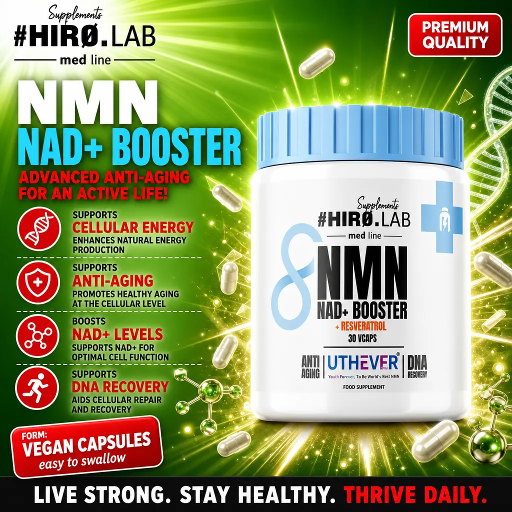 Hiro Lab NMN NAD+ Booster + Resveratrol bottle with 30 vegetarian capsules, white label and branding visible