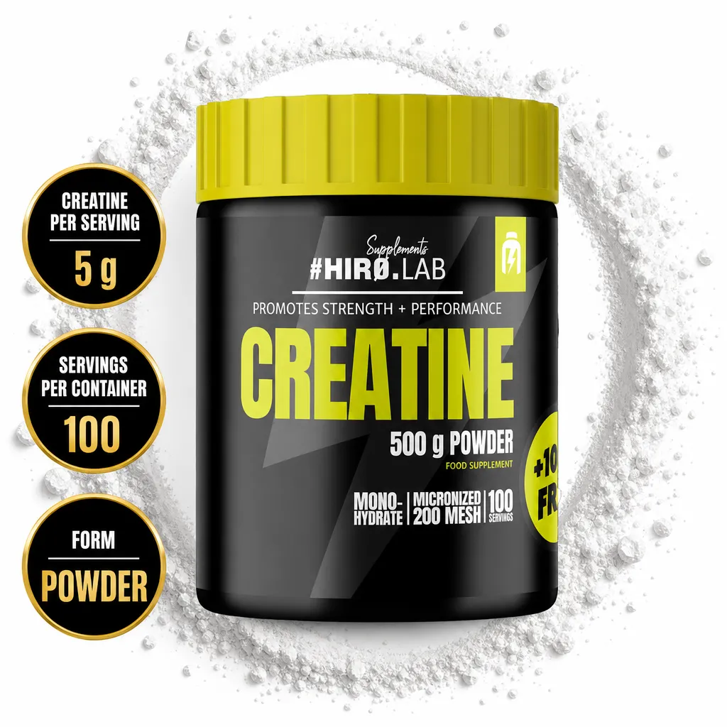 Hiro Lab Creatine Monohydrate Micronised 200 Mesh powder supplement in a 500g black container with a yellow lid